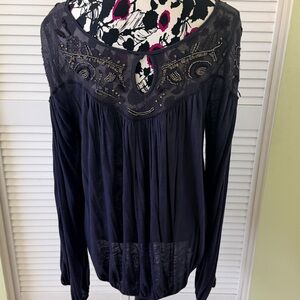 Free People Navy Long-Sleeve Embroidered Boho Top